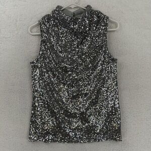 Cable & Gauge Tank Top Womens Small Silver Sequin Mock Neck Lined Stretch Party